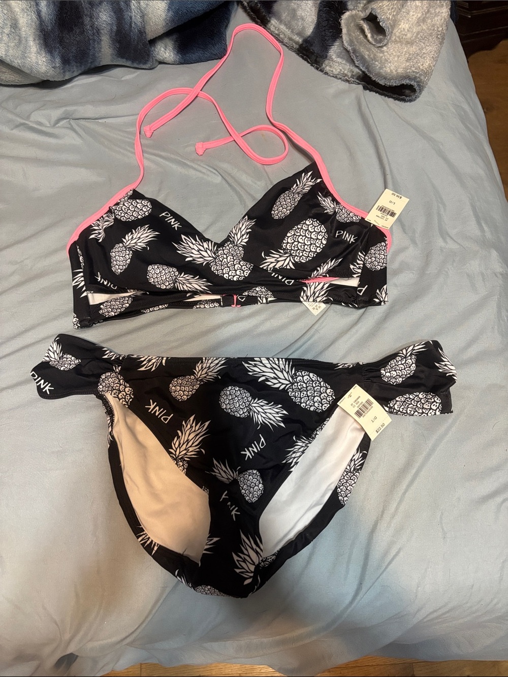 PINK Victoria's Secret Black Pineapple Print Bikini with Pink Trim